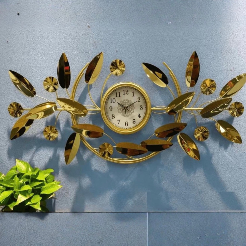 Golden Floral Metal Wall Clock Decor