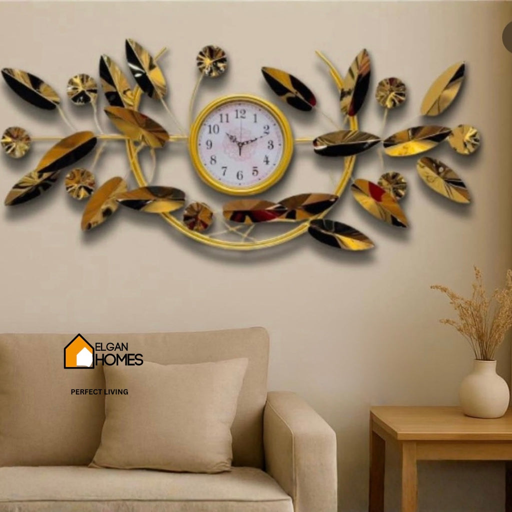 Golden Floral Metal Wall Clock Decor