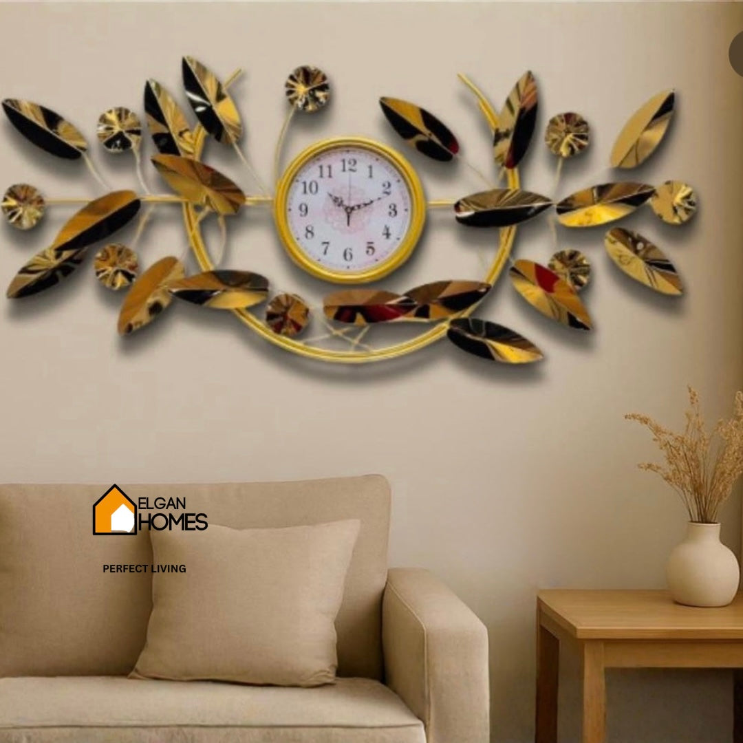 Golden Floral Metal Wall Clock Decor